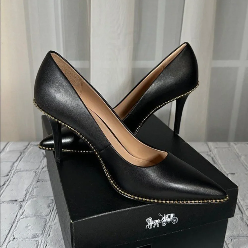 Coach Waverly Beadchain Leather Heels Black Gold Shoes - Picture 12 of 16